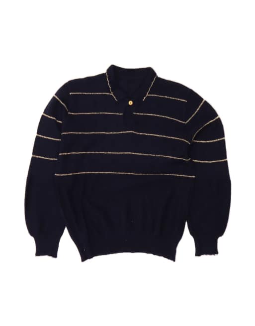 Vintage Polo Neck Jumper Sweater UK 14 Medium In Blue Striped