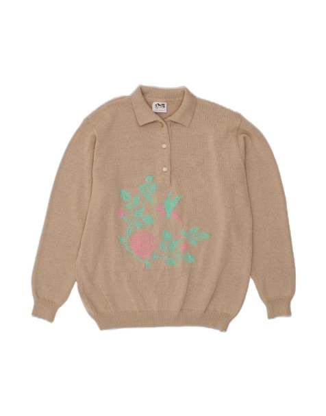 Vintage Polo Neck Jumper Sweater UK 16 Large In Beige Floral - view 1