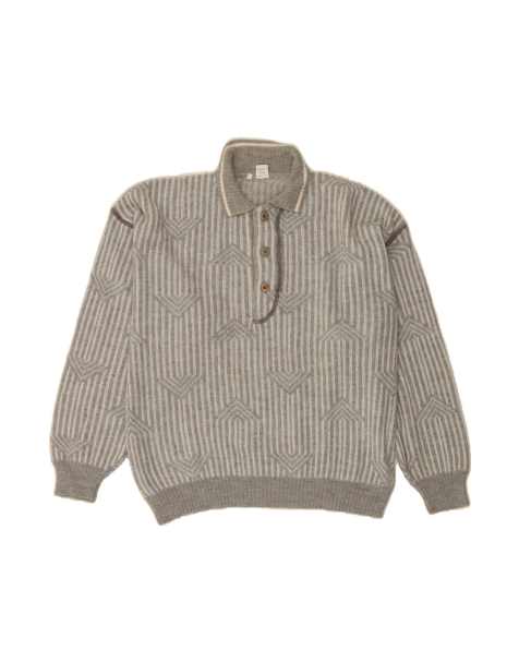 Vintage Polo Neck Jumper Sweater XL In Grey Striped Wool - view 1