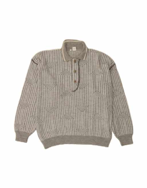 Vintage Polo Neck Jumper Sweater XL In Grey Striped Wool