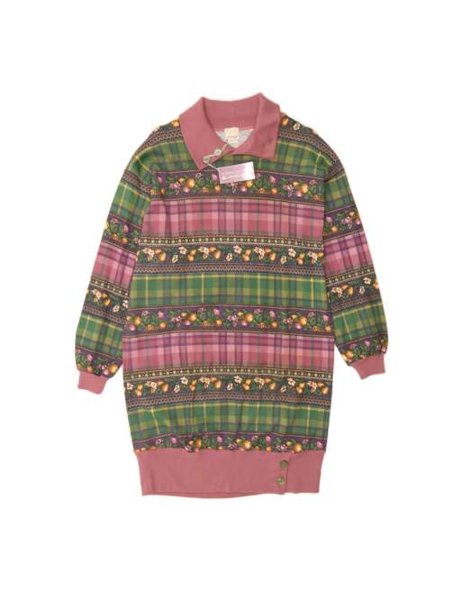 Vintage Polo Neck Sweatshirt Dress UK 14 Large In Pink Plaid Flower