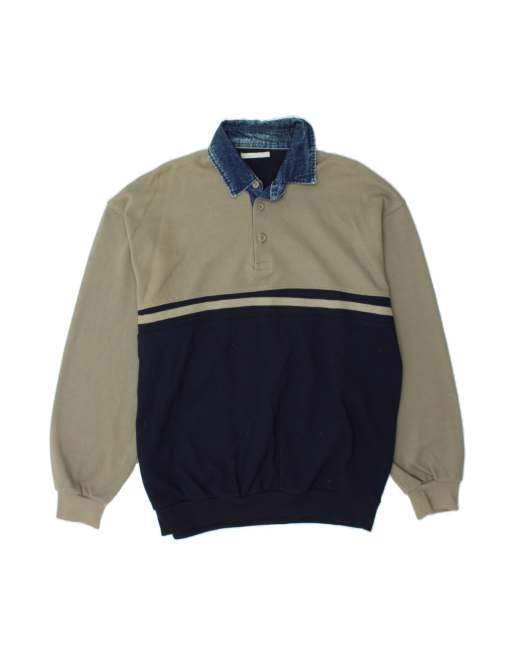 Vintage Polo Neck Sweatshirt Jumper Large In Blue Colourblock