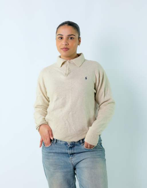 Vintage Polo Ralph Lauren M Knit Sweatshirt Cream Button Up
