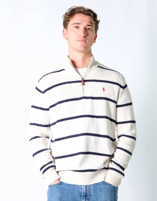Vintage Polo Ralph Lauren M Knit Sweatshirt Cream Striped Quarter Zip