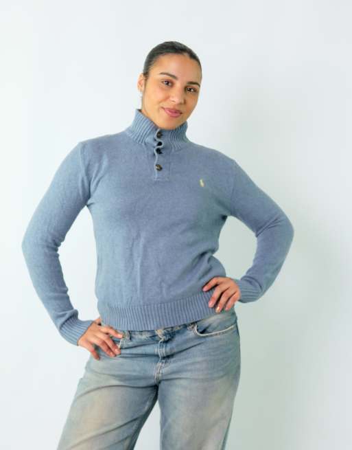 Vintage Polo Ralph Lauren S Knit Sweatshirt Blue Button Up
