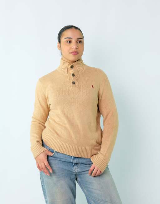 Vintage Polo Ralph Lauren S Knit Sweatshirt Tan Button Up