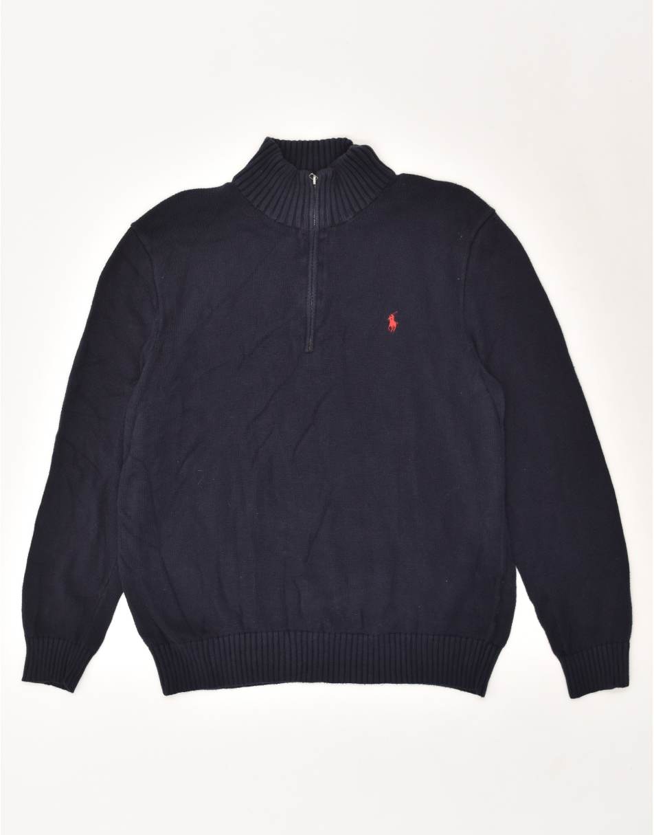 Vintage Polo Ralph Lauren Size L Zip Neck Jumper Sweater in Navy Blue