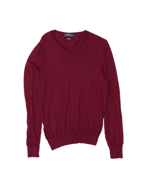 Vintage Polo Ralph Lauren Slim Fit V-neck Jumper Sweater Large In Burgundy