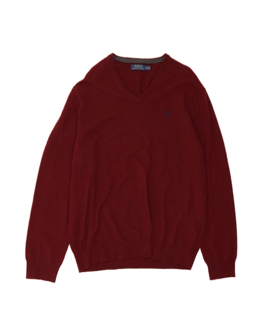 Vintage Polo Ralph Lauren V-neck Jumper Sweater XL In Burgundy Wool
