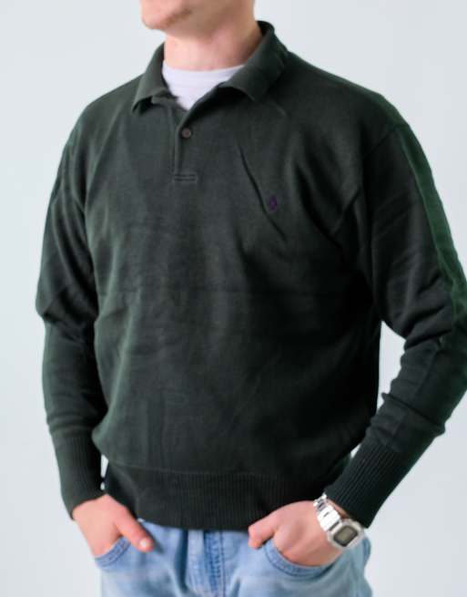Vintage Polo Ralph Lauren XL Knit Sweatshirt Dark Green Button Up