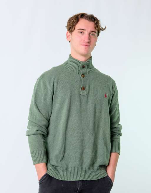 Vintage Polo Ralph Lauren XL Knit Sweatshirt Dark Green Button Up