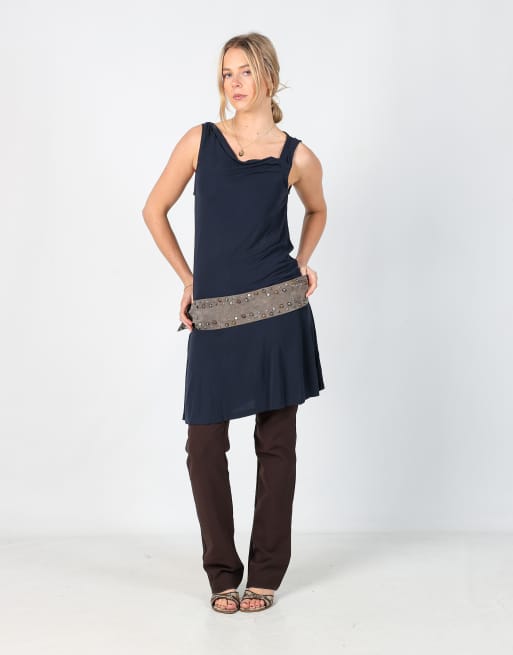 Vintage Promod S woven midi dress in navy blue