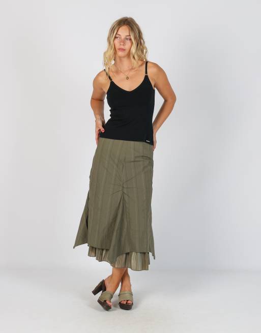Vintage Promod XS woven maxi skirt in khaki green, 1 of 4