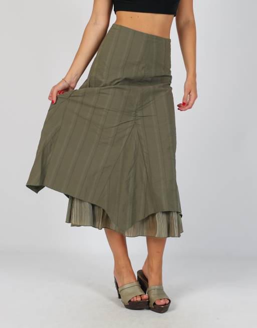 Vintage Promod XS woven maxi skirt in khaki green, 2 of 4