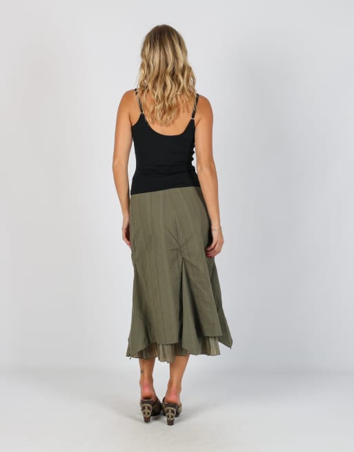 Vintage Promod XS woven maxi skirt in khaki green, 3 of 4