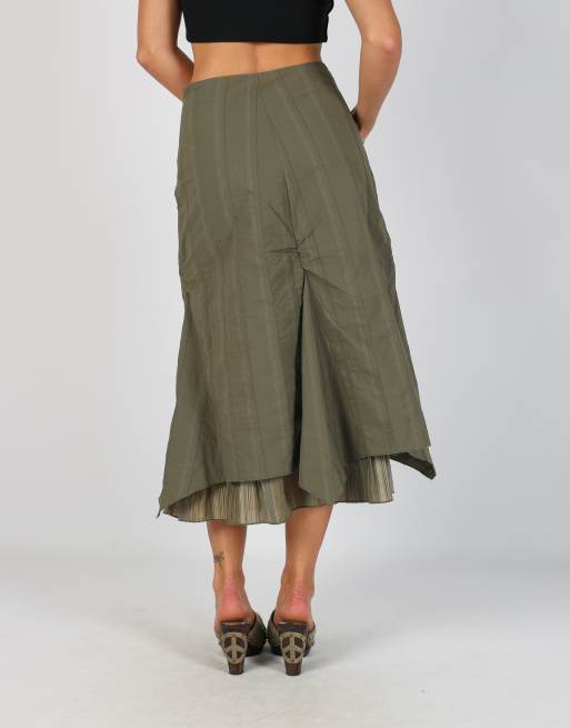 Vintage Promod XS woven maxi skirt in khaki green, 4 of 4