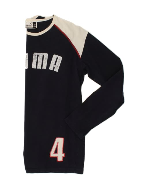 Vintage Puma Size M Colourblock Graphic Top Long Sleeve in Navy Blue, 3 of 4