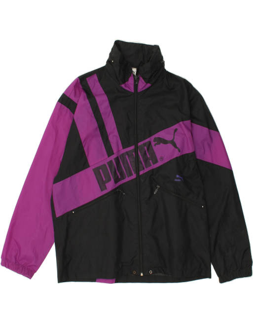 Vintage Puma Size S Colourblock Graphic Hooded Rain Jacket in Black