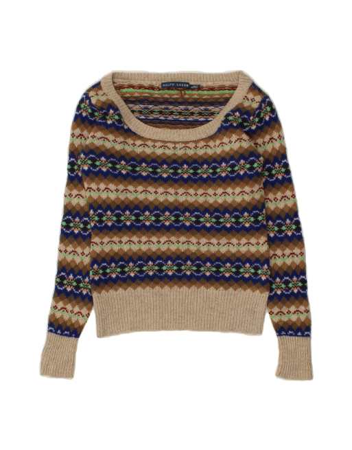 Vintage Ralph Lauren Crop Boat Neck Jumper Sweater UK 6 XS In Brown Fair Isle
