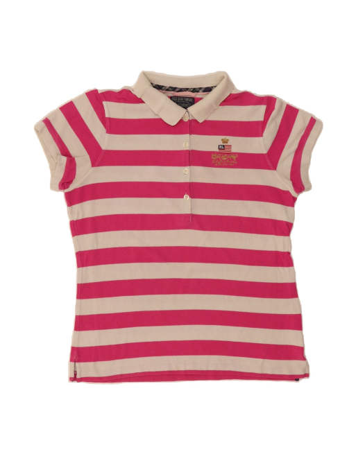Vintage Ralph Lauren Graphic Polo Shirt UK 14 Large In Pink Striped