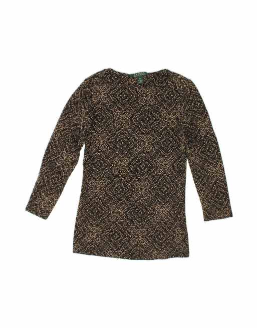 Vintage Ralph Lauren Top 3/4 Sleeve Uk 6 XS In Brown Geometric