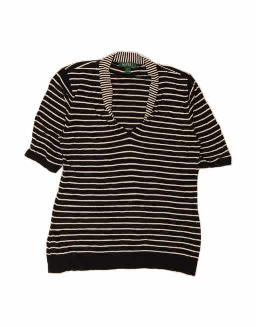Vintage Ralph Lauren V-neck Jumper Sweater UK 14 Large In Black Striped
