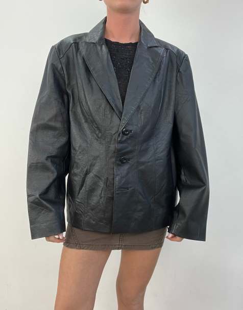 Vintage real leather blazer jacket in black - view 1