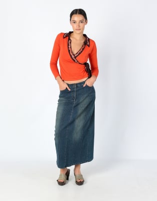 Vintage RI XIN Jeans 8 Denim Maxi Skirt Navy Blue