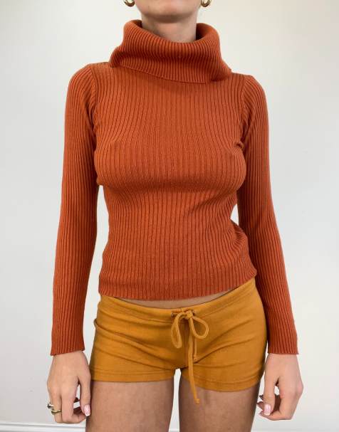 Vintage ribbed roll neck jumper in orange - view 1