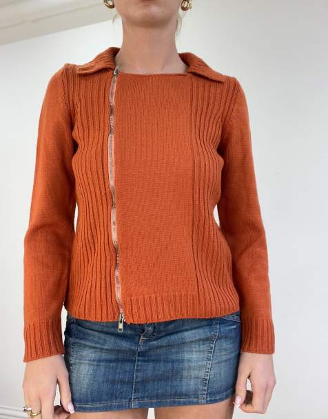 Vintage ribbed zip up jumper in orange - view 1