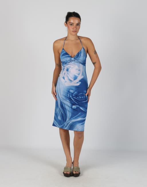 Vintage Roberto Cavalli M printed woven midi dress in blue