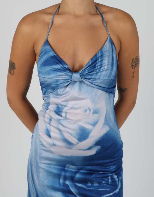 Vintage Roberto Cavalli M printed woven midi dress in blue, 4 of 4