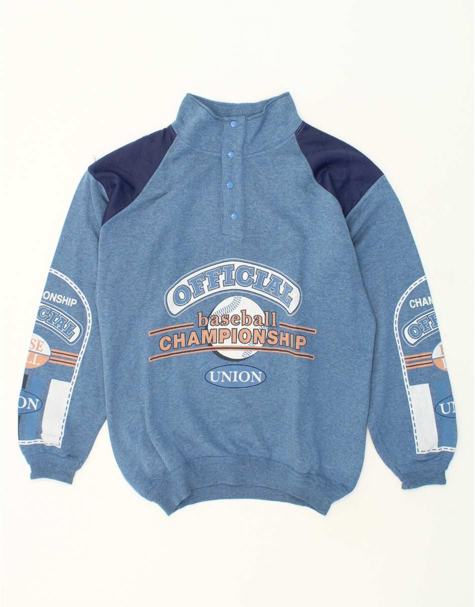 Vintage Roby Size S Colourblock Graphic Button Neck Sweatshirt Jumper in Blue