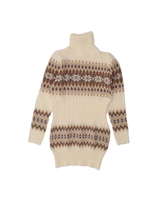 Vintage Roll Neck Jumper Dress UK 10 Small In White Fair Isle