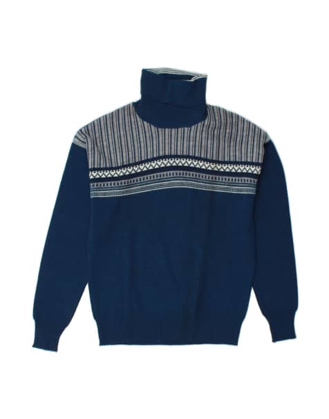 Vintage Roll Neck Jumper Sweater It 48 XL In Blue Fair Isle Wool - view 1