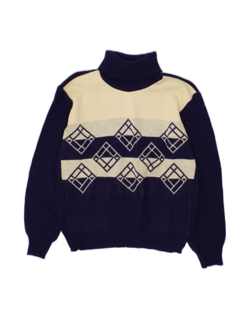 Vintage Roll Neck Jumper Sweater Large In Blue Argyle/diamond