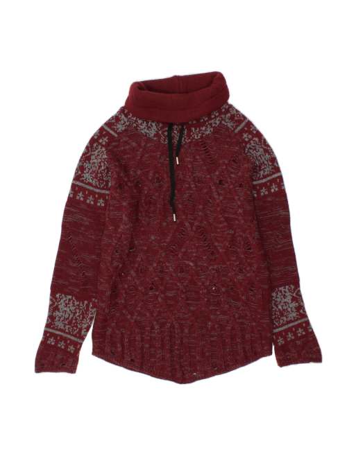 Vintage Roll Neck Jumper Sweater UK 14 Large In Maroon Fair Isle