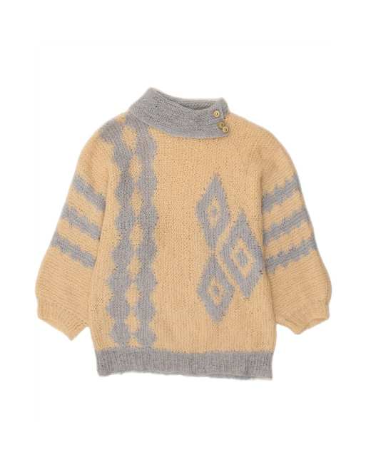 Vintage Roll Neck Jumper Sweater UK 14 Medium In Beige Argyle/diamond
