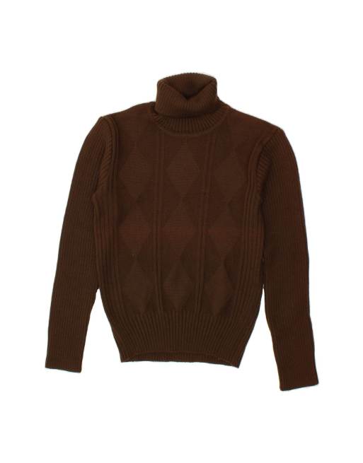 Vintage Roll Neck Jumper Sweater UK 14 Medium In Brown Argyle/diamond