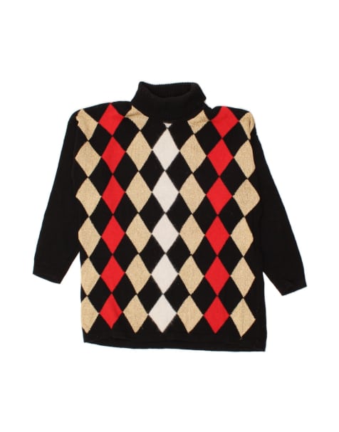Vintage Roll Neck Jumper Sweater UK 16 Large In Black Argyle/diamond - view 1
