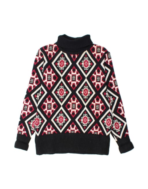 Vintage Roll Neck Jumper Sweater UK 16 Large In Black Argyle/diamond