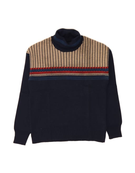 Vintage Roll Neck Jumper Sweater UK 16 Large In Blue Striped