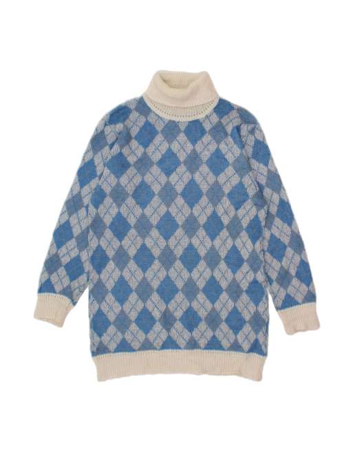 Vintage Roll Neck Jumper Sweater UK 18 XL In Blue Argyle/diamond
