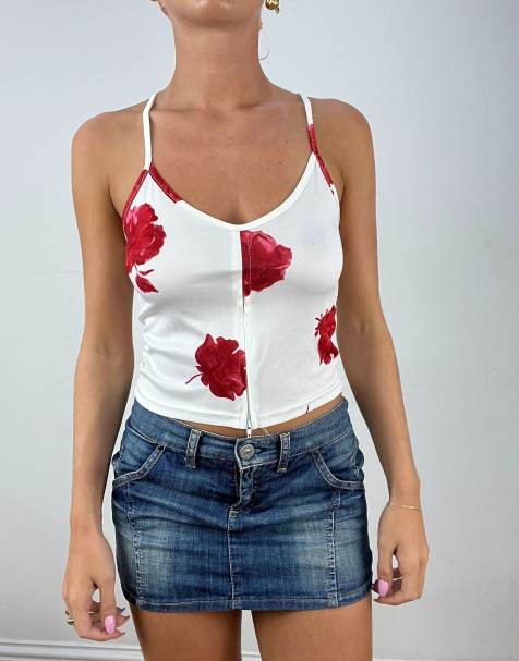 Vintage rose print cami top with cross back straps in white and red - view 1