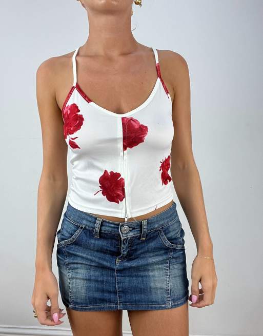 Vintage rose print cami top with cross back straps in white and red