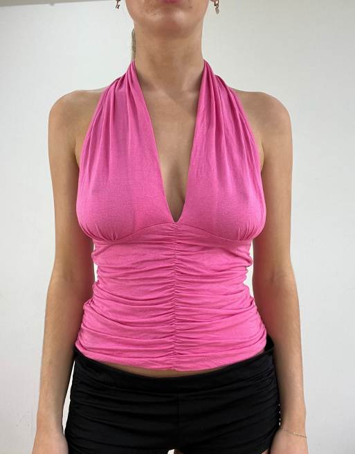 Vintage ruched halterneck top in pink