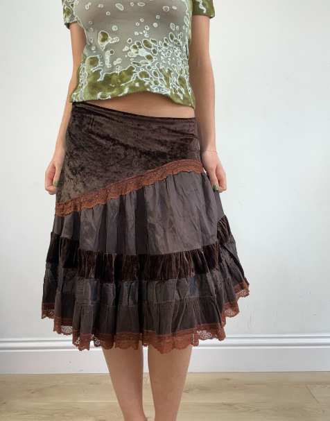 Vintage ruffle and lace midi skirt in brown - view 1