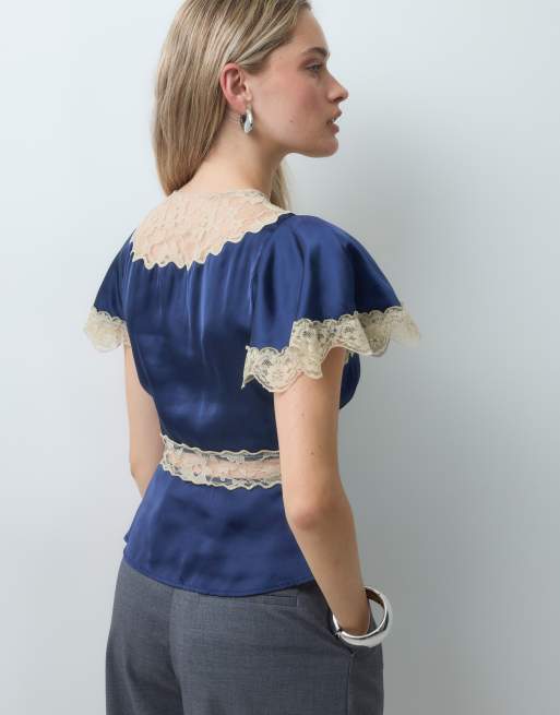 Vintage satin tea-top med kontrastblondekant, 3 af 4
