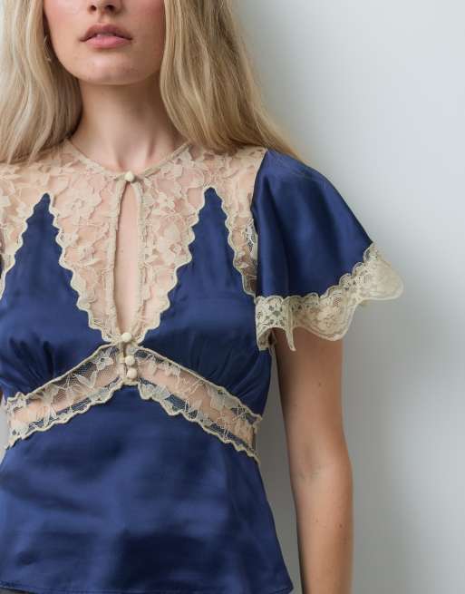 Vintage satin tea-top med kontrastblondekant, 4 af 4