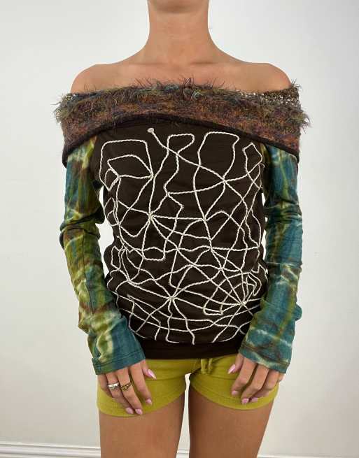 Vintage Save The Queen long sleeve top with foldover neckline in brown